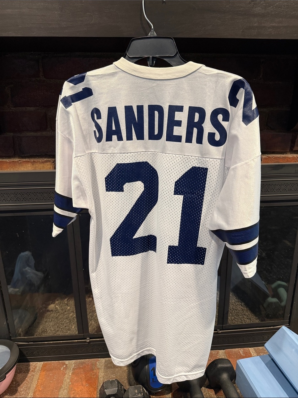 Deion Luwynn Sanders - Champion White and Navy Mesh Football Jersey Size 44